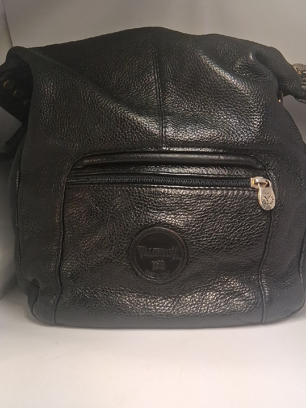 vintage Valentina Black Pebbled Leather Shoulder Bag with Front Zip Pocket